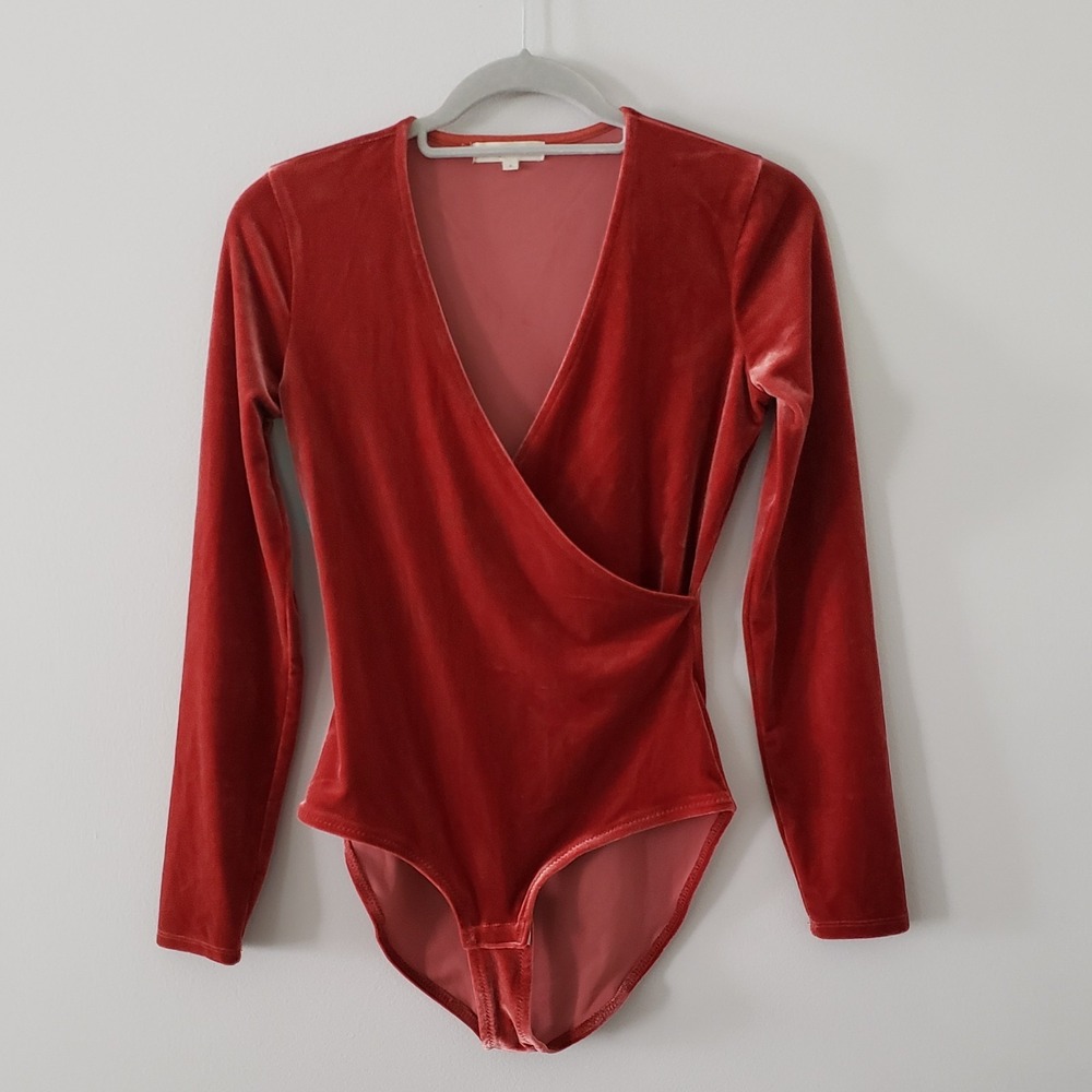 Madewell Womens Velvet Velour Faux Wrap Bodysuit Size S Fall Rust